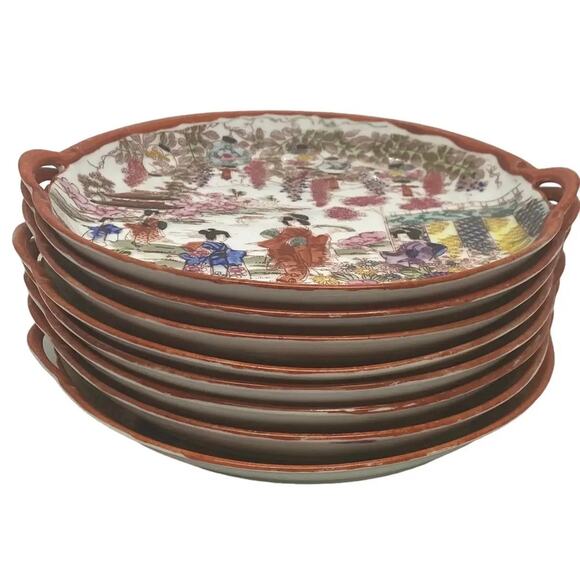 Vintage Chinoiserie Ceramic Handpainted Luncheon Hors D’Oeuvres Set of 8 Plates - Picture 9 of 12